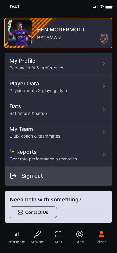 BatFit AI app: player profile screen